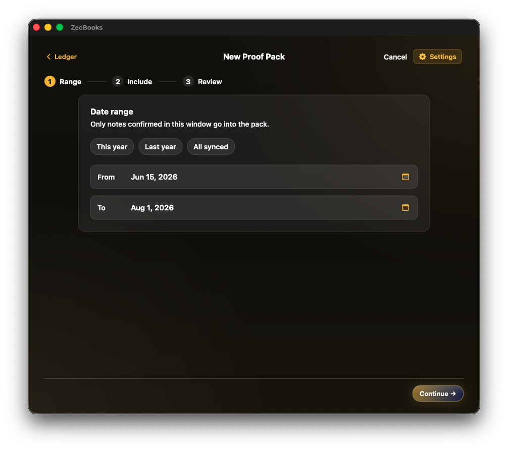Proof pack builder with selected notes